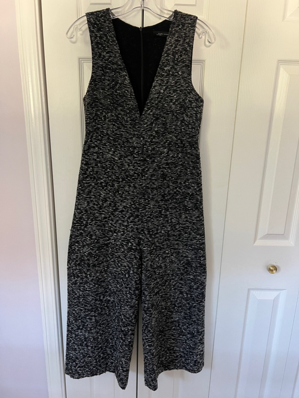 Zara Black & White Marled Knit V‑Neck Jumpsuit